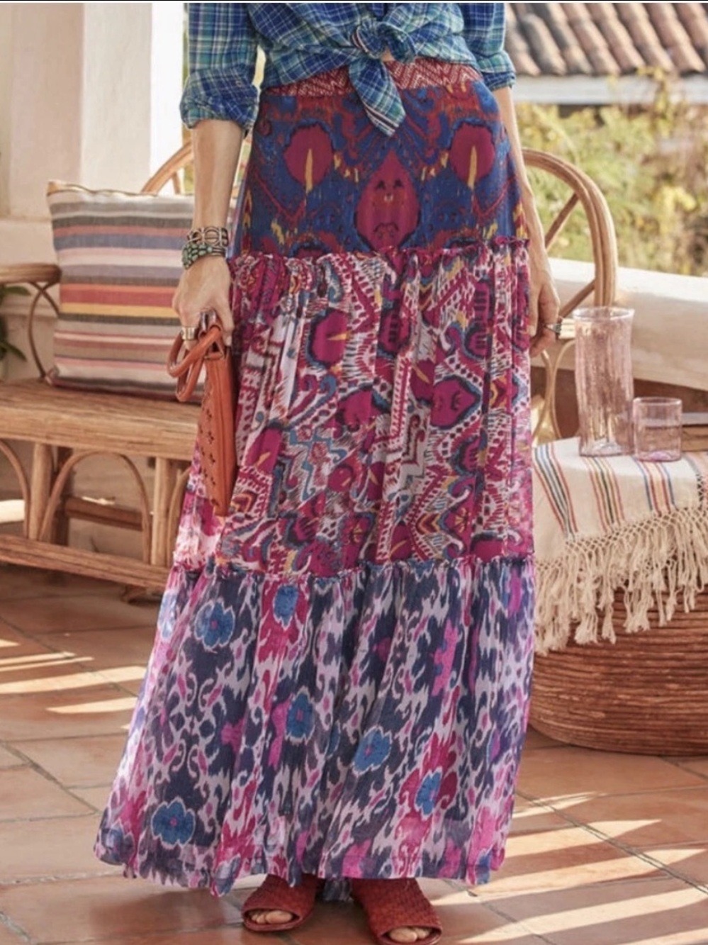 Sundance  Harlin Tiered Maxi Skirt Multicolor Ikat Floral Cupro Size XS